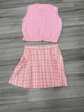 SHEIN Pink Cable Knit Vest and Pink Plaid Skirt Set